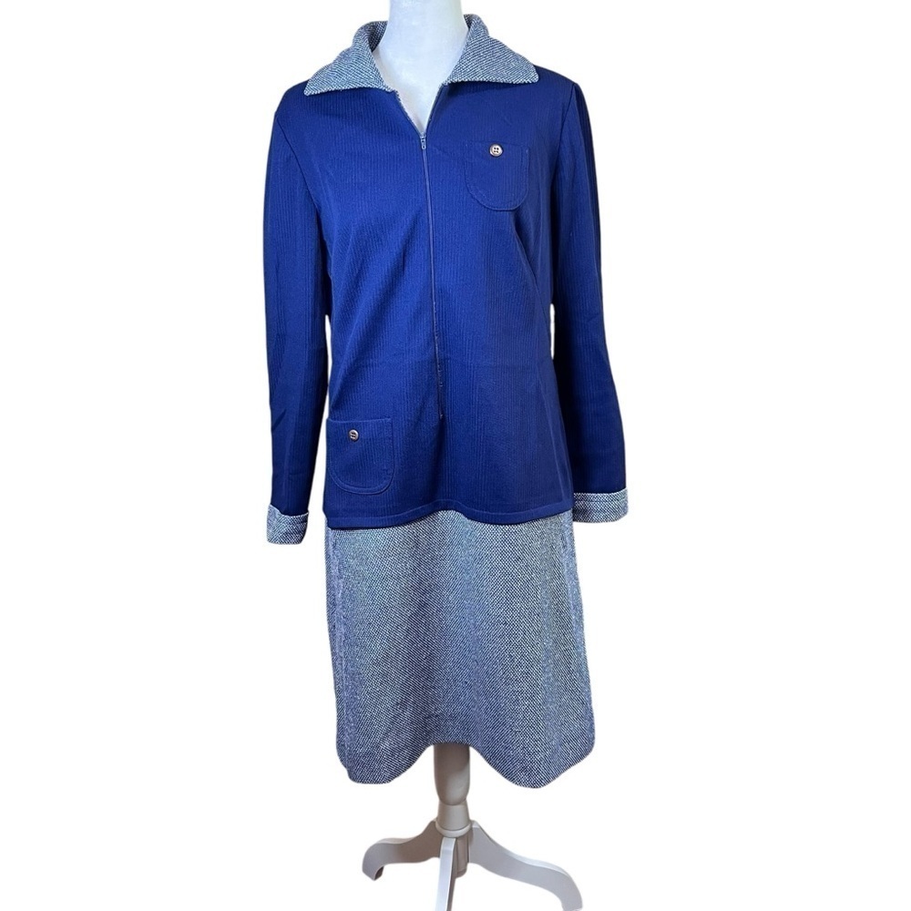 Route One Vintage 1960s-70s Long Sleeve Navy Dress Preppy Ribbed Zip Front Sz 8